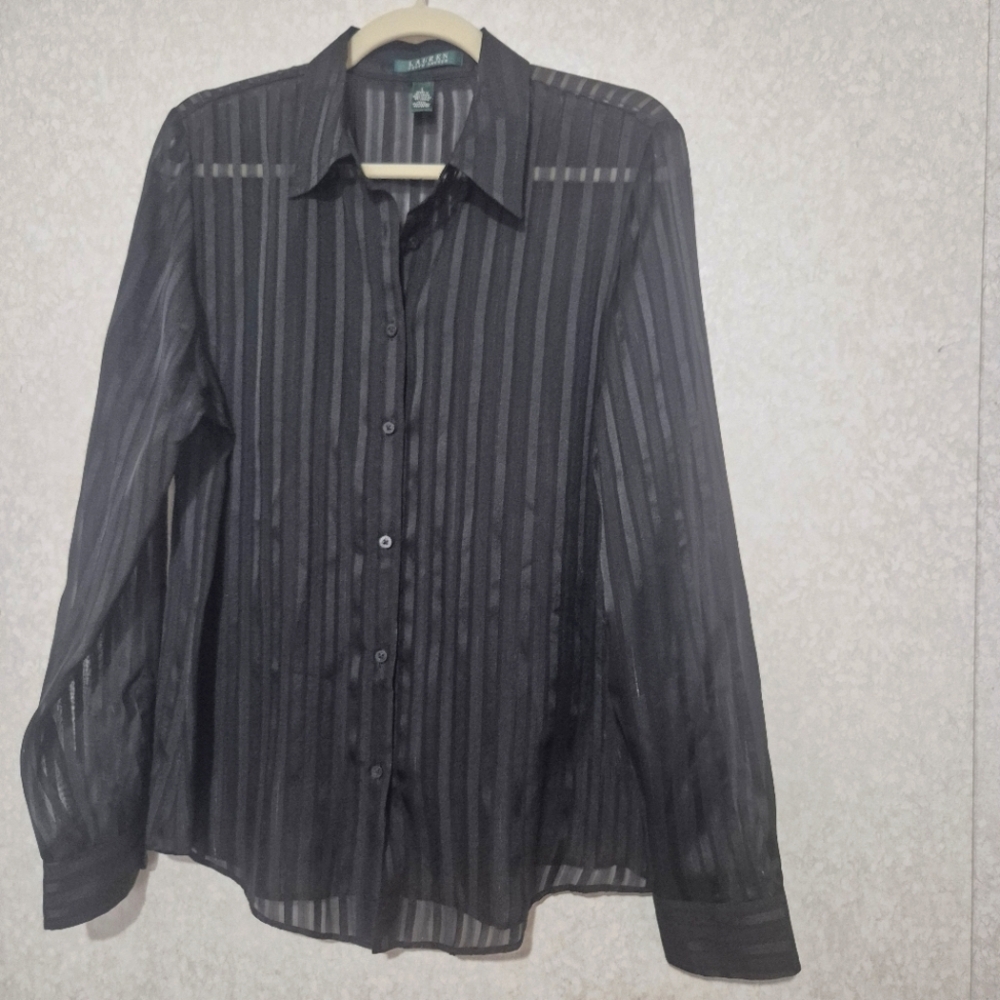 RALPH LAUREN..Black Sheer Striped Button-Up Shirt...SIZE:L